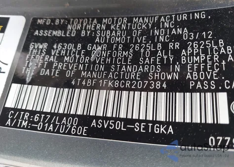 2012 Toyota Camry Xle z USA, uszkodzony, nr VIN 4T4BF1FK8CR207384